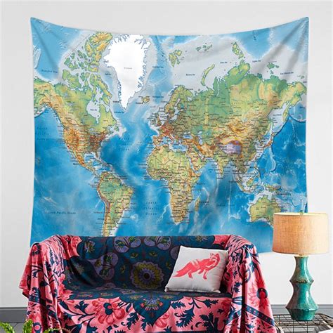 Cilected Polyester World Map Tapestry Sheet Blue Ocean Printed Wall