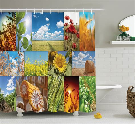 Fall themed shower curtains are a cute and quick way to decorate your entire bathroom. Nature Shower Curtain Set, Crops under Sunlight Sunflower ...