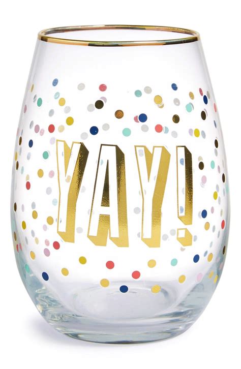 A Gold Metallic Foil Finish And Celebratory Exclamation Make This Stemless Wine Glass Covered In