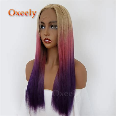 Oxeely Colorful Ombre Hair Blonde Synthetic Lace Front Wigs Silky
