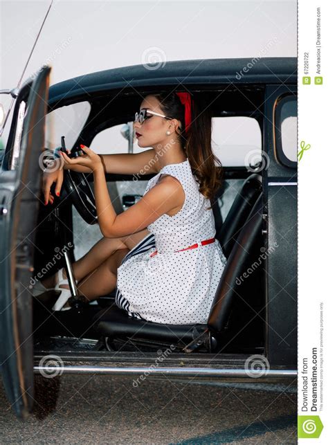 Beautiful Pin Up Girl Inside Vintage Car Stock Photo Image Of