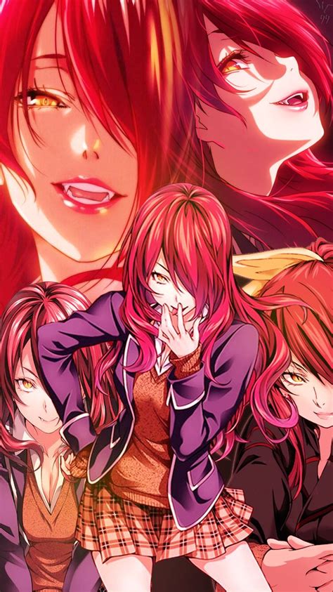 an anime character with long red hair and two other characters in front of her all looking at