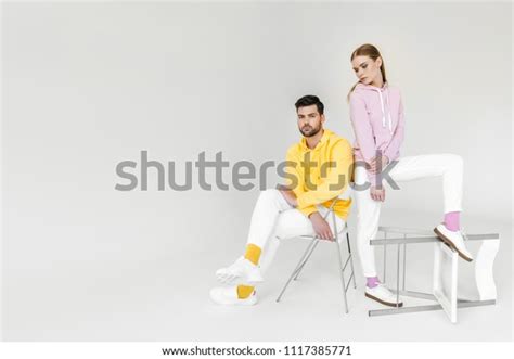 Attractive Young Male Female Models Colorful Foto Stock 1117385771