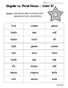 English nouns are inflected for grammatical number, meaning that, if they are of the countable type, they generally have different forms for singular and plural. Singular vs. Plural Noun -- Color It! Sorting Worksheet ...