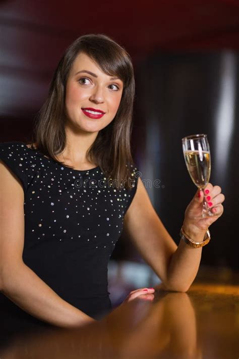 Pretty Brunette Drinking Glass Of Champagne Stock Image Image Of