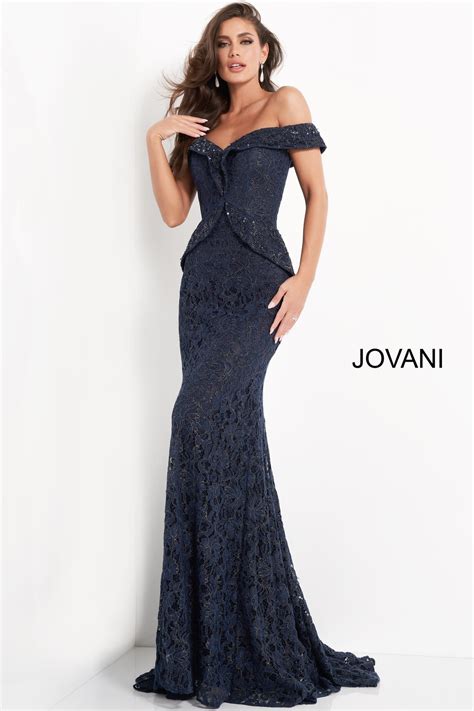 Jovani 05059 Navy Lace Peplum Sheath Evening Dress