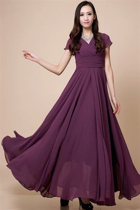 Elegant Purple V Neck Cap Sleeve Maxi Chiffon Dress Frock
