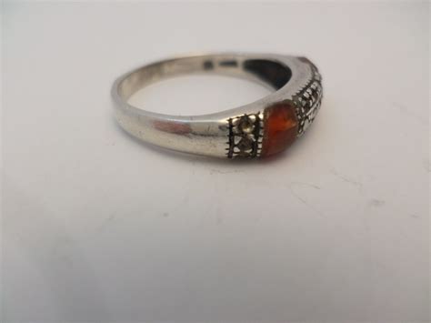 Vintage Sterling Silver Marcasite And Carnelian Ring Marked And