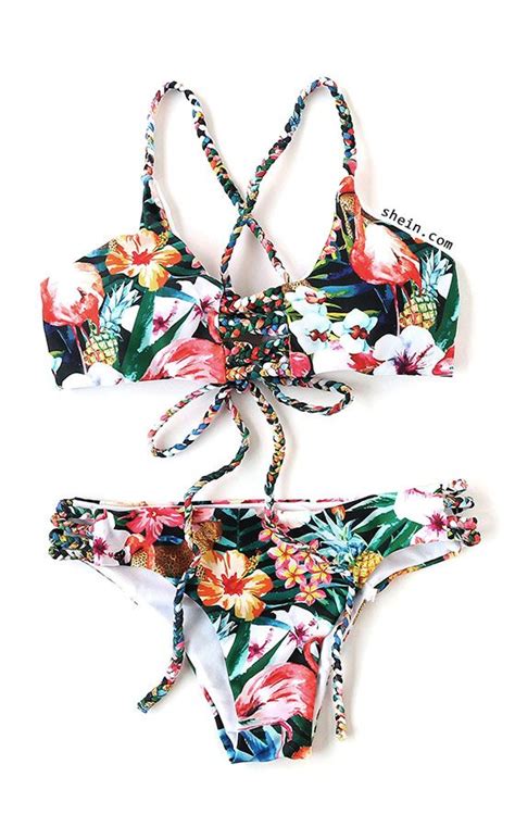 Floral Print Braided Strap Cross Back Bikini Set