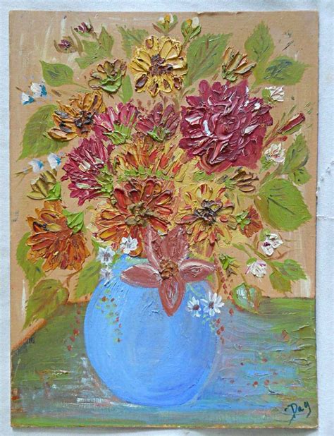Ce vase est posé sur un plan vert de cobalt pâle. Vintage Original Impressionist Painting Day Blue Vase ...