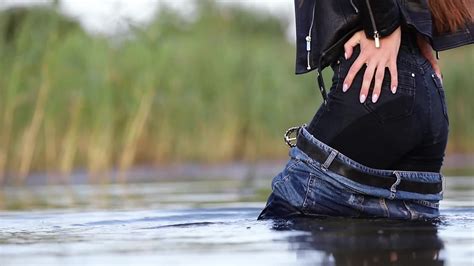Double Jeans Wetlook With Completely Wet Girl Swimming In The Lake