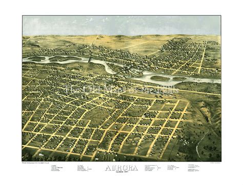 Aurora Illinois In 1867 Birds Eye View Map Aerial Panorama