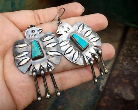 Navajo Vernon Begay Sterling Silver Thunderbird Earrings With Turquoise