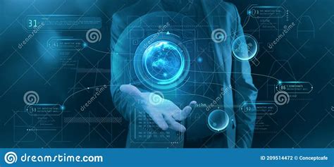 Earth Projection With Infographic Data Over Palm Stock Photo Image