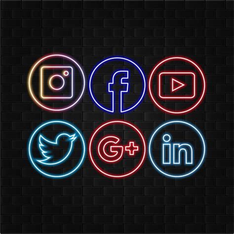 Social Media Logos Neon Style With Black Brick Wall Background Template