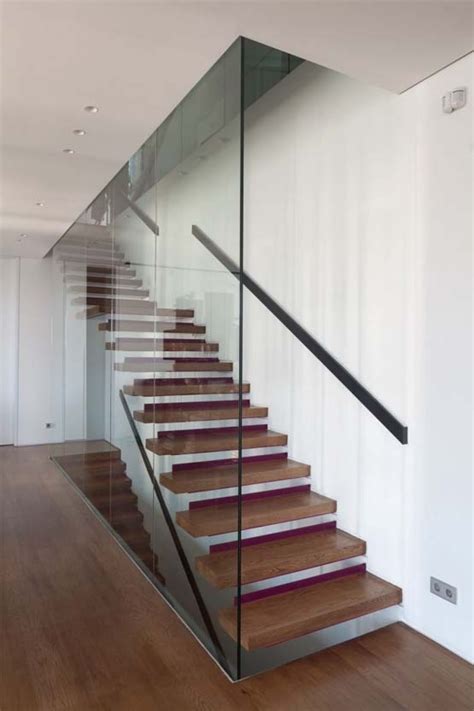 Full Glass Wall Staircase With Cantilever Timber Treads Stairs