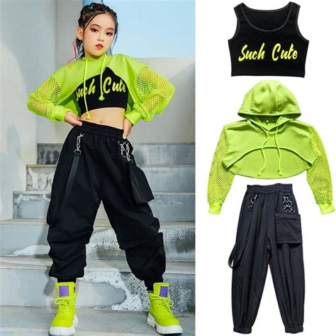 Jazz Costume Hip Hop Girls Clothing Green Tops Net Sleeve Black Hip Hop