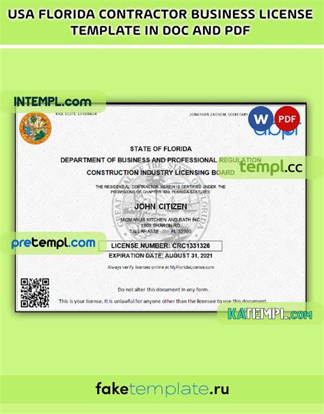 USA Florida Contractor Business License Word And PDF Download Template