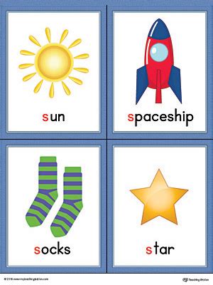 Letter S Words and Pictures Printable Cards: Sun, Spaceship, Socks ...
