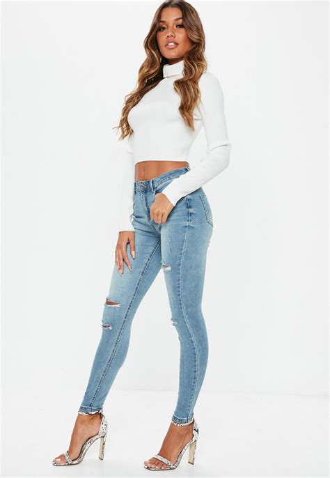 Missguided Blue Sinner High Waisted Authentic Ripped Skinny Jeans Girls High Waisted Jeans