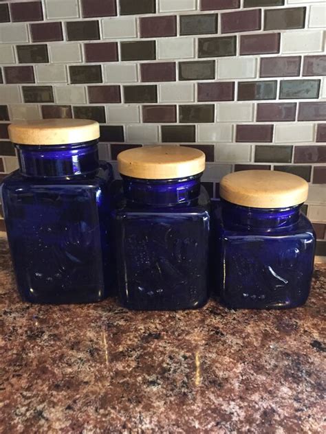 Cobalt Blue Glass Canister Set With Wood By Thumbbuddywithlove
