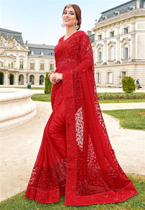 Red Embroidered Georgette Saree Lady India