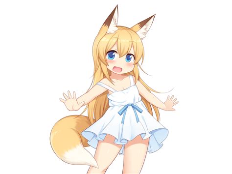 Animal Ears Aqua Eyes Blonde Hair Blush Dress Fang Flat Chest Foxgirl