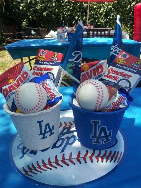 Baseball themed decorating and apparel is inexpensive and easy to find. Dodger party centerpiece | Baseball birthday party ...