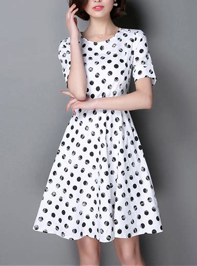 Knee Length Fit And Flare Dress White Black Polka Dots