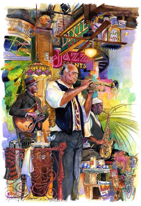 A Watercolor Painting Of A Man Playing The Trumpet In Front Of A Jazz Band