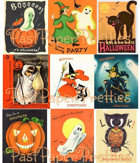 Vintage Halloween Printable Collage Cards Retro Mid Century Etsy
