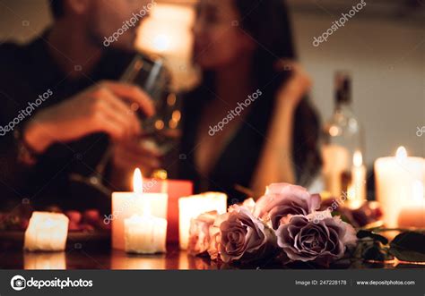 Beautiful Passionate Couple Having Romantic Candlelight Dinner Home