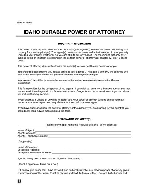 Free Idaho Durable (Statutory) Power of Attorney Form | PDF & Word