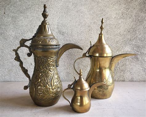 Set Of Three Vintage Brass Dallah Arabic Coffee Pots Islamic Middle