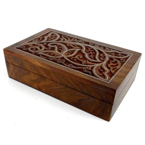 Hardwood box which is deeply carved with scrolling foliage. Shop Handmade Carved Sheesham Wood Box with Pewter Inlay ...