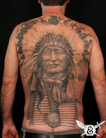 Massive Real Photo Like Black And White Very Detailed On Whole Back Tattoo Of Old Indian Chief