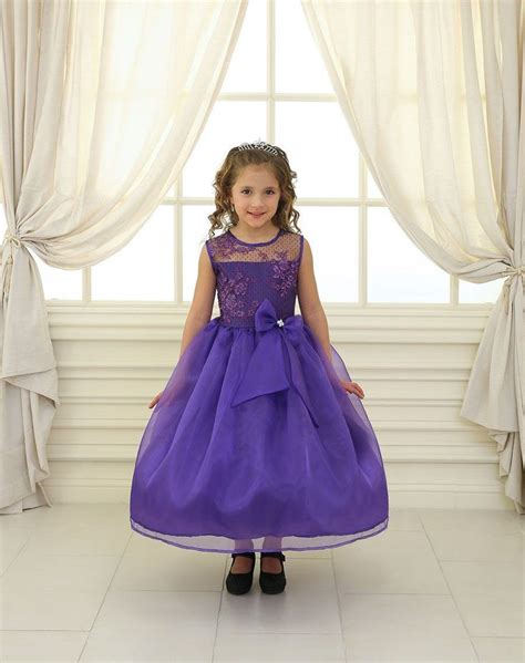 Girls Long Purple Lace Bodice Dress With Bow By Calla Kd2461 Purple