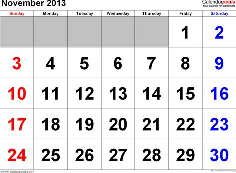 November 2013 Calendar Templates For Word Excel And Pdf