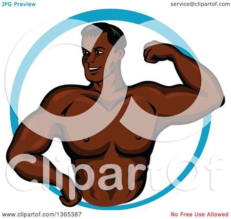 Clipart Of A Cartoon Strong Black Male Bodybuilder Flexing His Muscles