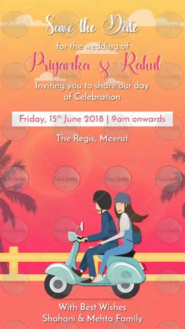 Create animated cartoon gifs, caricature gif invites for occasions. GIF4 - Couple Riding on Scooter - Invitation Video Animated E Card Online Maker Templates ...