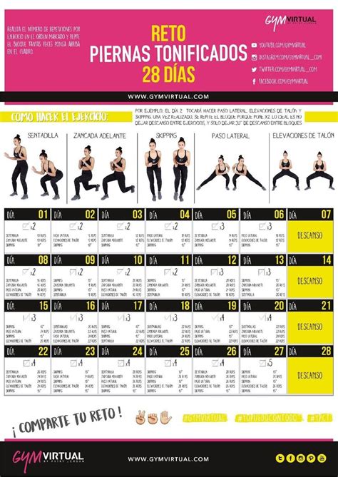 reto piernas tonificadas 28 días gym virtual rutinas de ejercicio semanal rutinas de