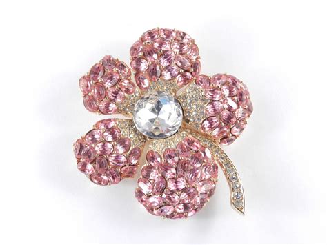Vintage Large Pink Oval Rhinestone Flower Blossom Brooch Pin From