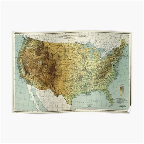 Vintage United States Physical Features Map 1915 Poster For Sale By