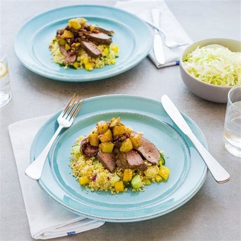 Tip the couscous into a large bowl and pour over the stock. Lamb Rump Steaks with Warm Pear Salsa and Couscous Salad ...