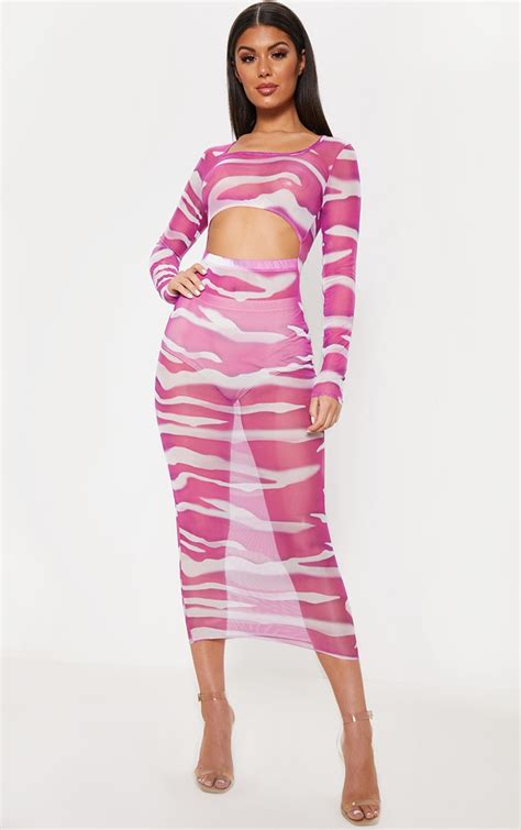 Pink Zebra Print Mesh Cut Out Midi Dress Prettylittlething Qa