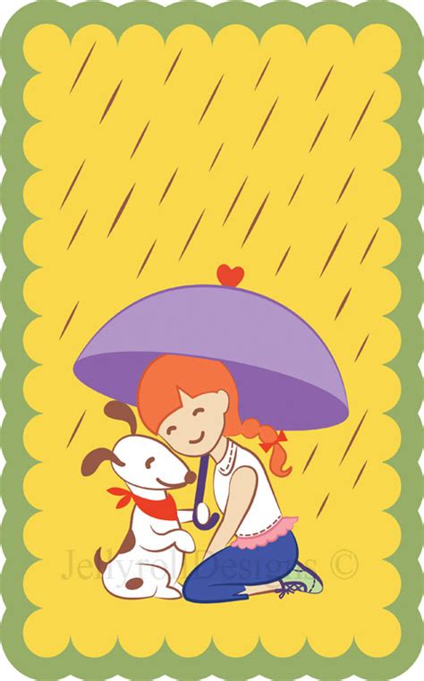 Girl With A Dog Holding An Umbrella In The Rain By