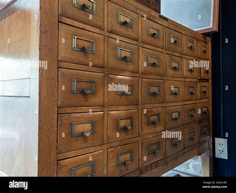 Old Vintage Wooden Library Card Catalog Cabinets In Library Room Stock