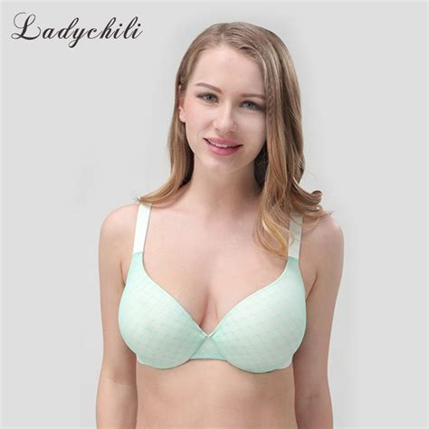 Ladychili Women Intimates Thin Cup Seamless Bra Green Color Lace Plaid Full Cup Bra Wide Strap