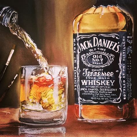 A Realistic Still Life Painting Of Jack Daniel Whisky Bottle And A Glass Getting Filled Food