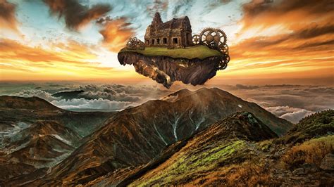 Ruins Mystic Gears Mountain Island Rock Imagination Fantasy